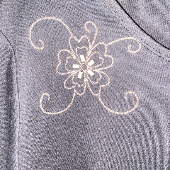 The Tog Shop Black Beige Floral Beaded Embroidered Short Sleeve Top Women's XL - Picture 2 of 6